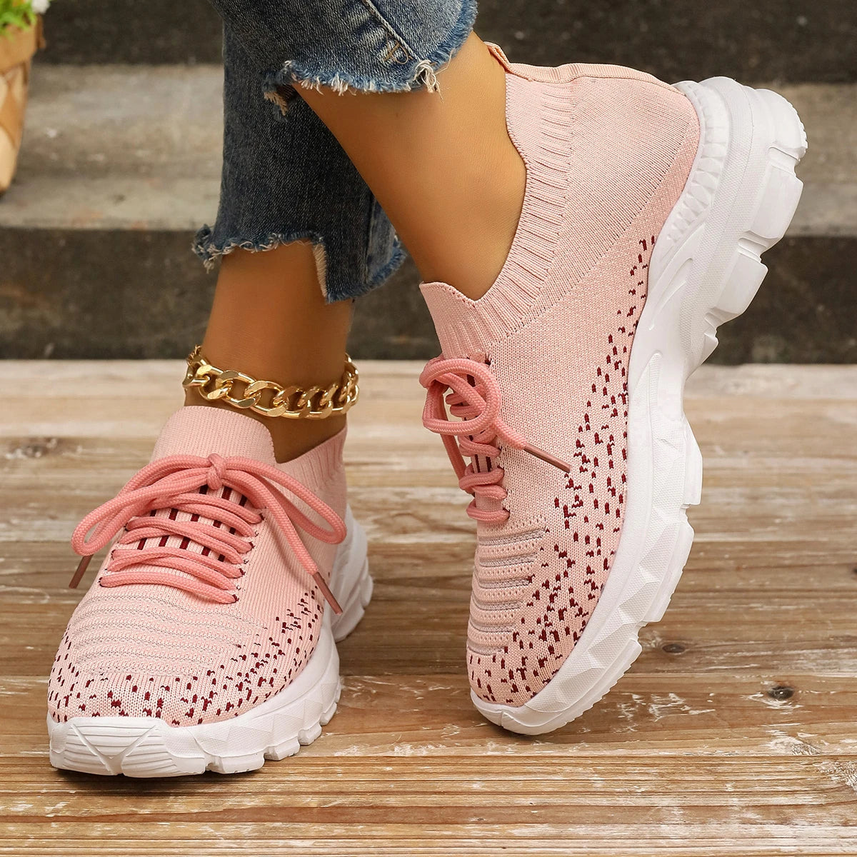 Ashore Shop Pink Knitting Platform Sneakers for Women 2024 Spring Mesh Breathable Sports Shoes Woman Non Slip Thick Sole Running