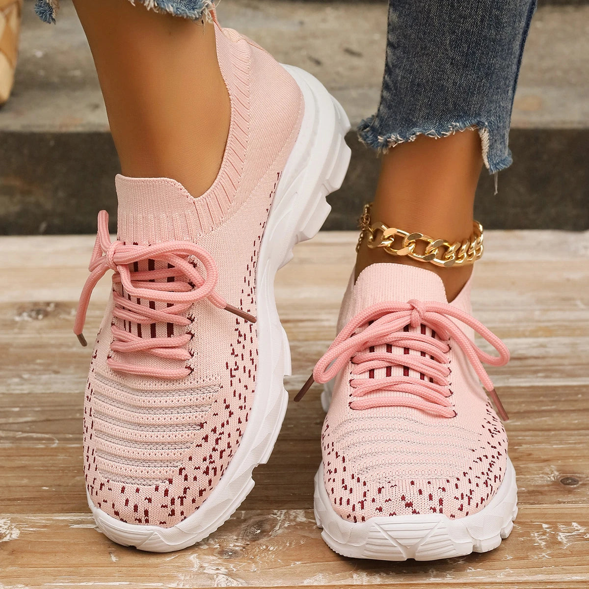 Ashore Shop Pink Knitting Platform Sneakers for Women 2024 Spring Mesh Breathable Sports Shoes Woman Non Slip Thick Sole Running