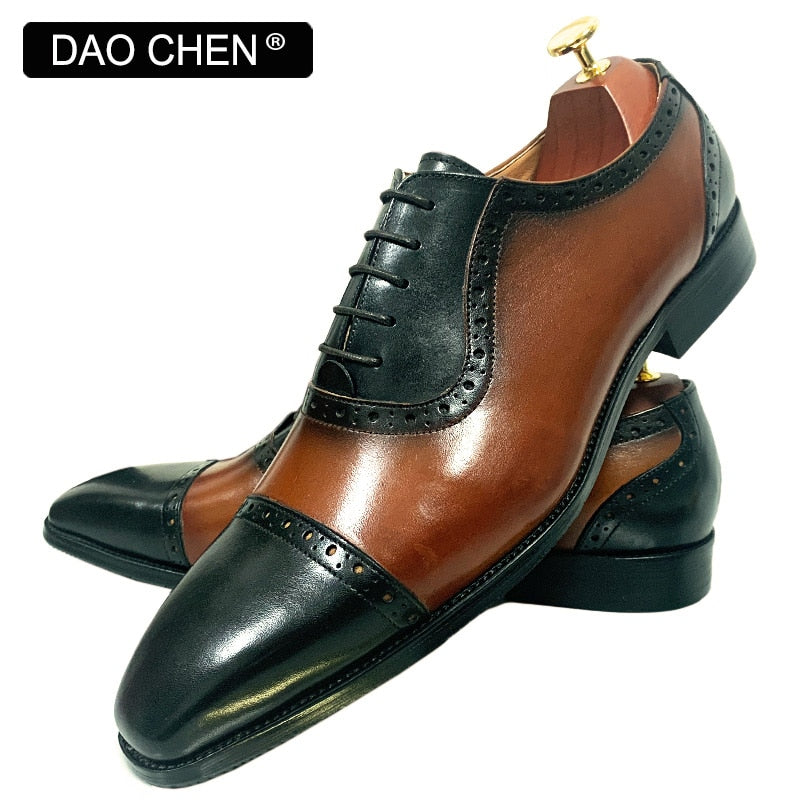 BLACK BROWN CAP TOE SHOES LACE UP CASUAL  GENUINE LEATHER MEN SHOES