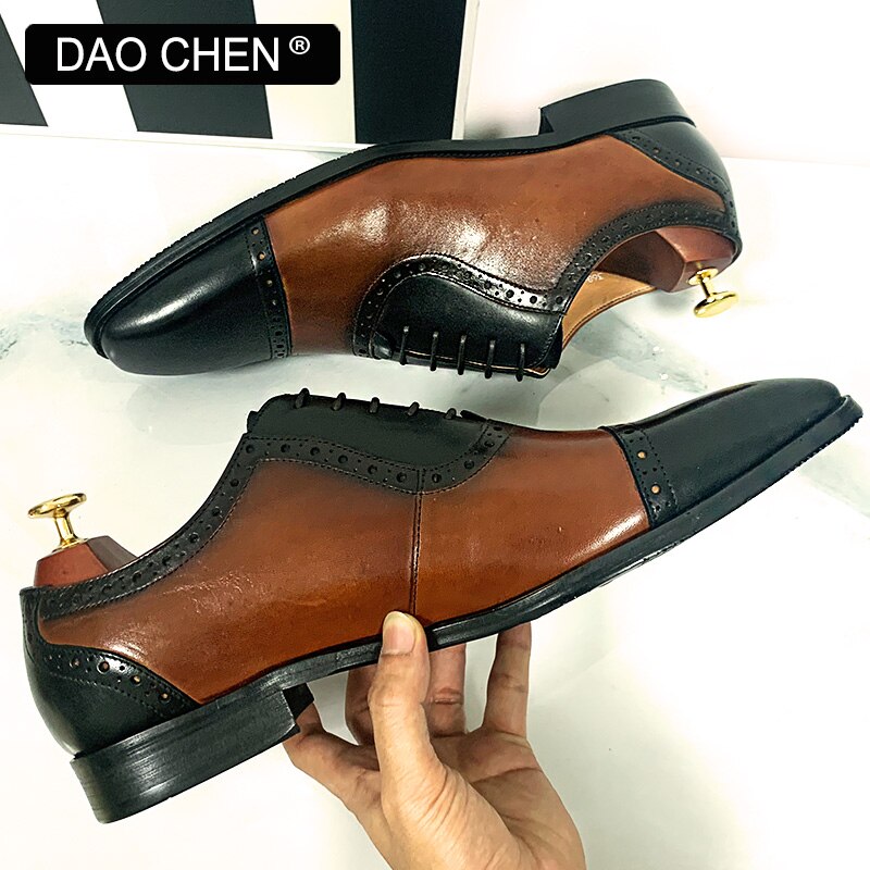 BLACK BROWN CAP TOE SHOES LACE UP CASUAL  GENUINE LEATHER MEN SHOES