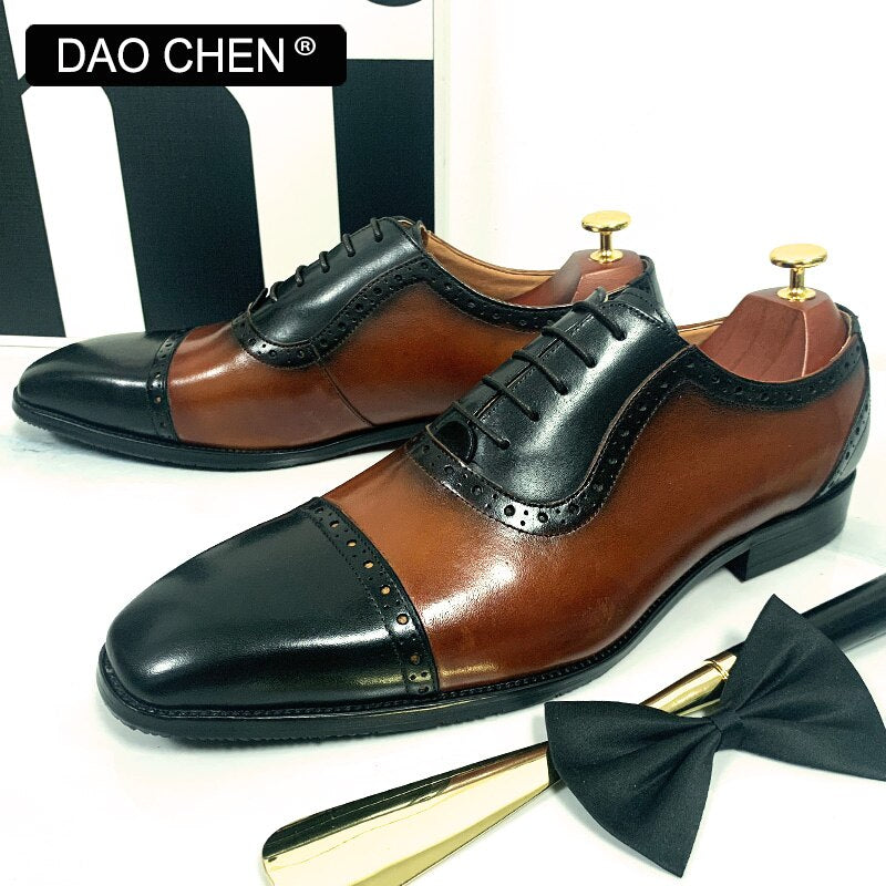 BLACK BROWN CAP TOE SHOES LACE UP CASUAL  GENUINE LEATHER MEN SHOES