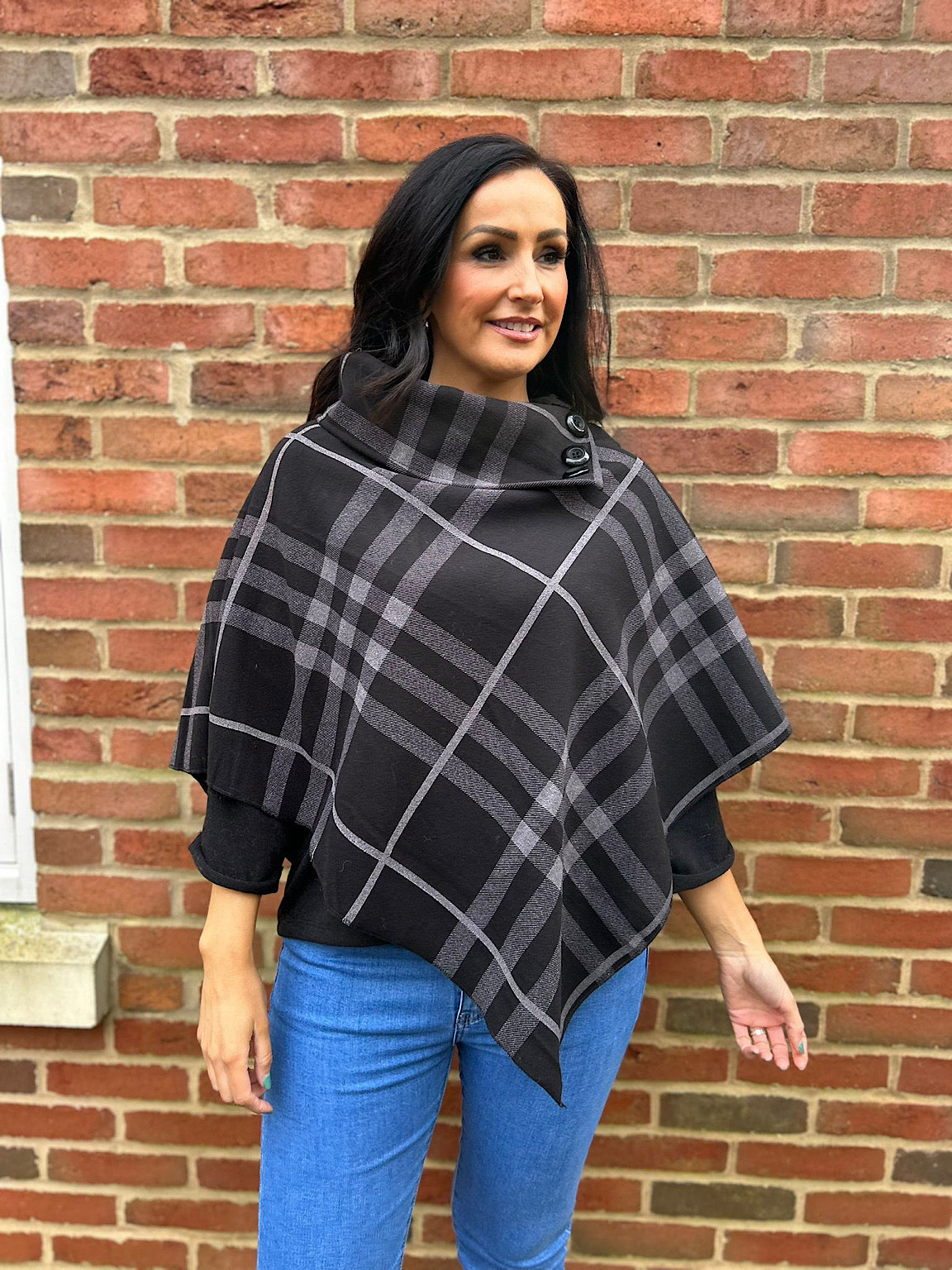 Black Checked Button Poncho Sasha