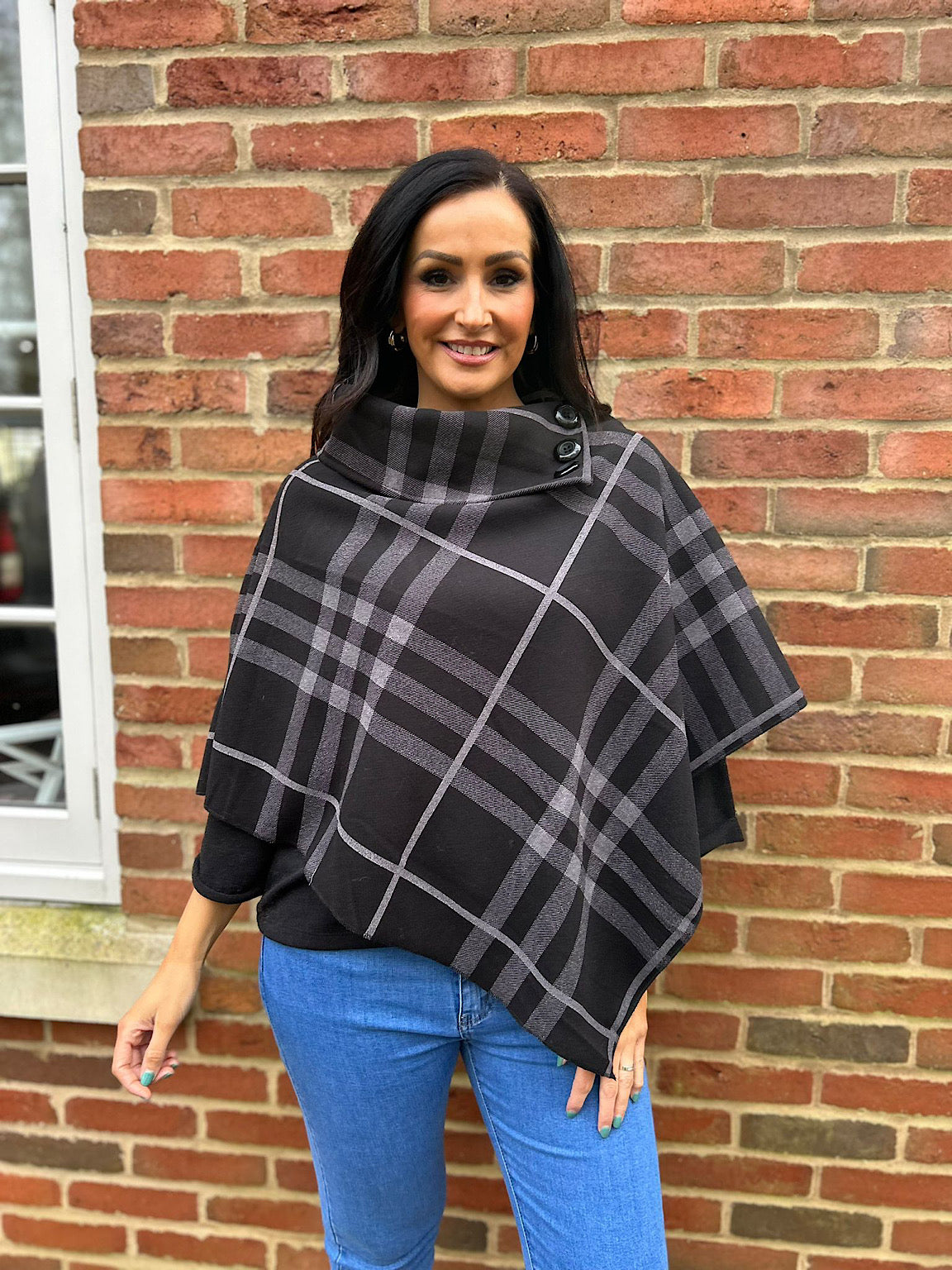 Black Checked Button Poncho Sasha