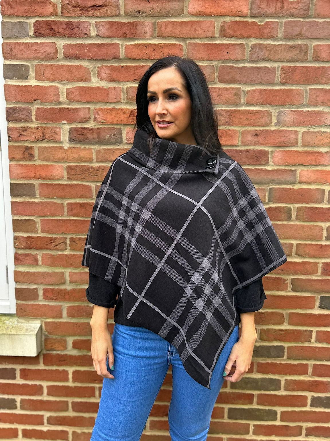 Black Checked Button Poncho Sasha