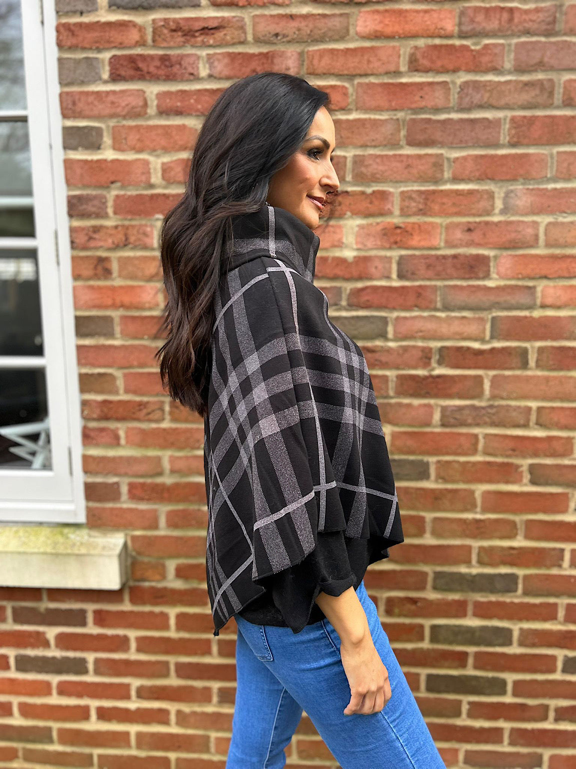 Black Checked Button Poncho Sasha