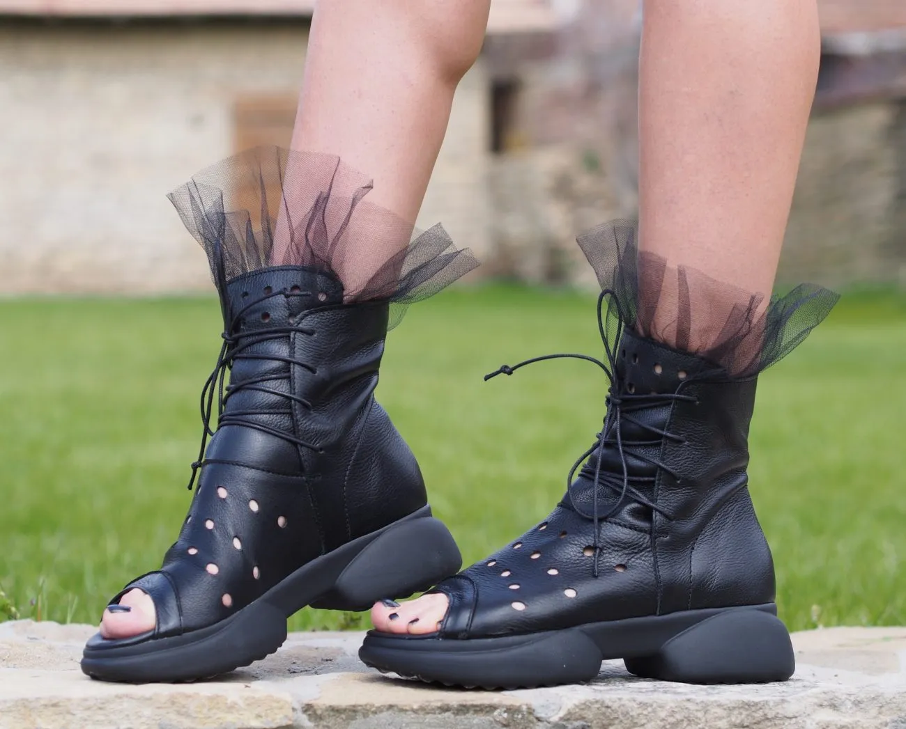 Black genuine leather summer boots/woman genuine leather summer boots/extravagant leather summer boots