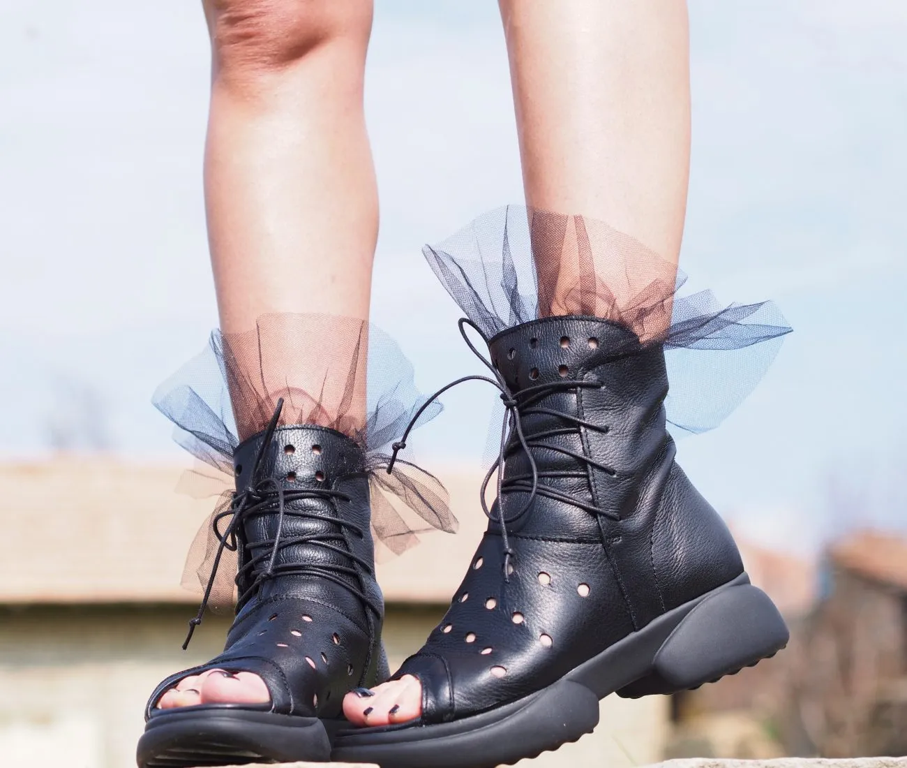 Black genuine leather summer boots/woman genuine leather summer boots/extravagant leather summer boots