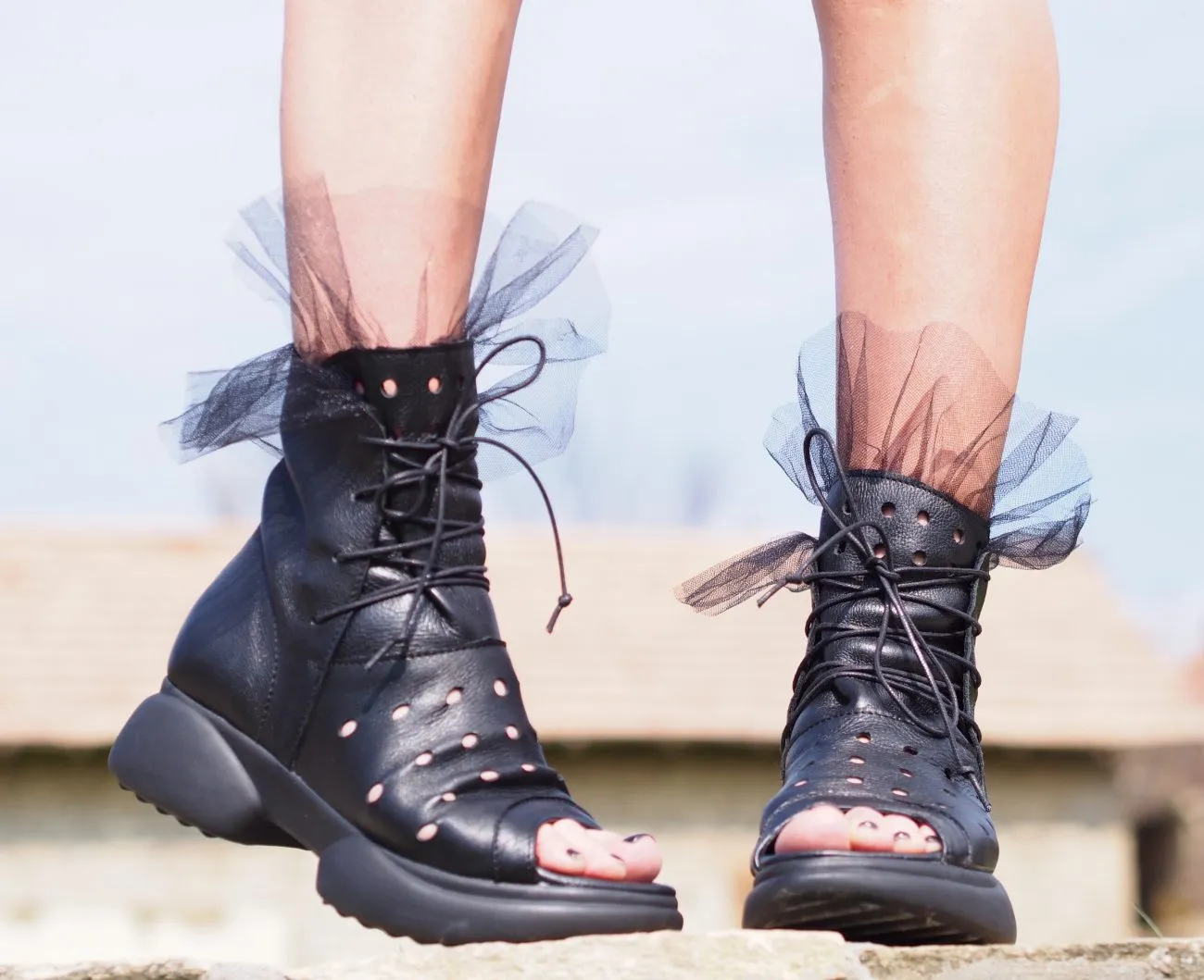 Black genuine leather summer boots/woman genuine leather summer boots/extravagant leather summer boots