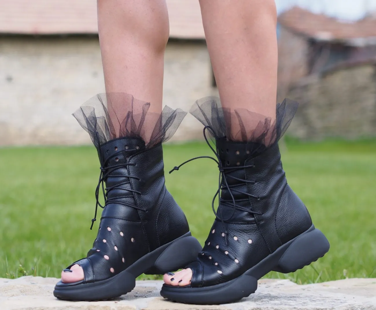 Black genuine leather summer boots/woman genuine leather summer boots/extravagant leather summer boots