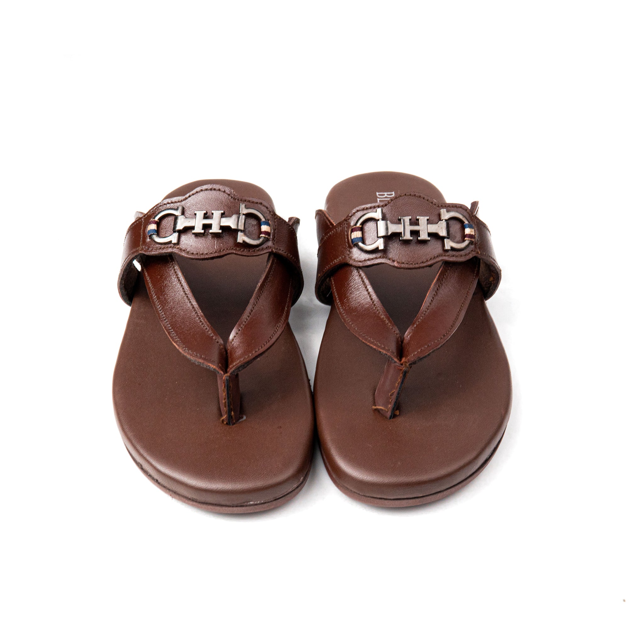 Brown Cross Strap Leather Slippers