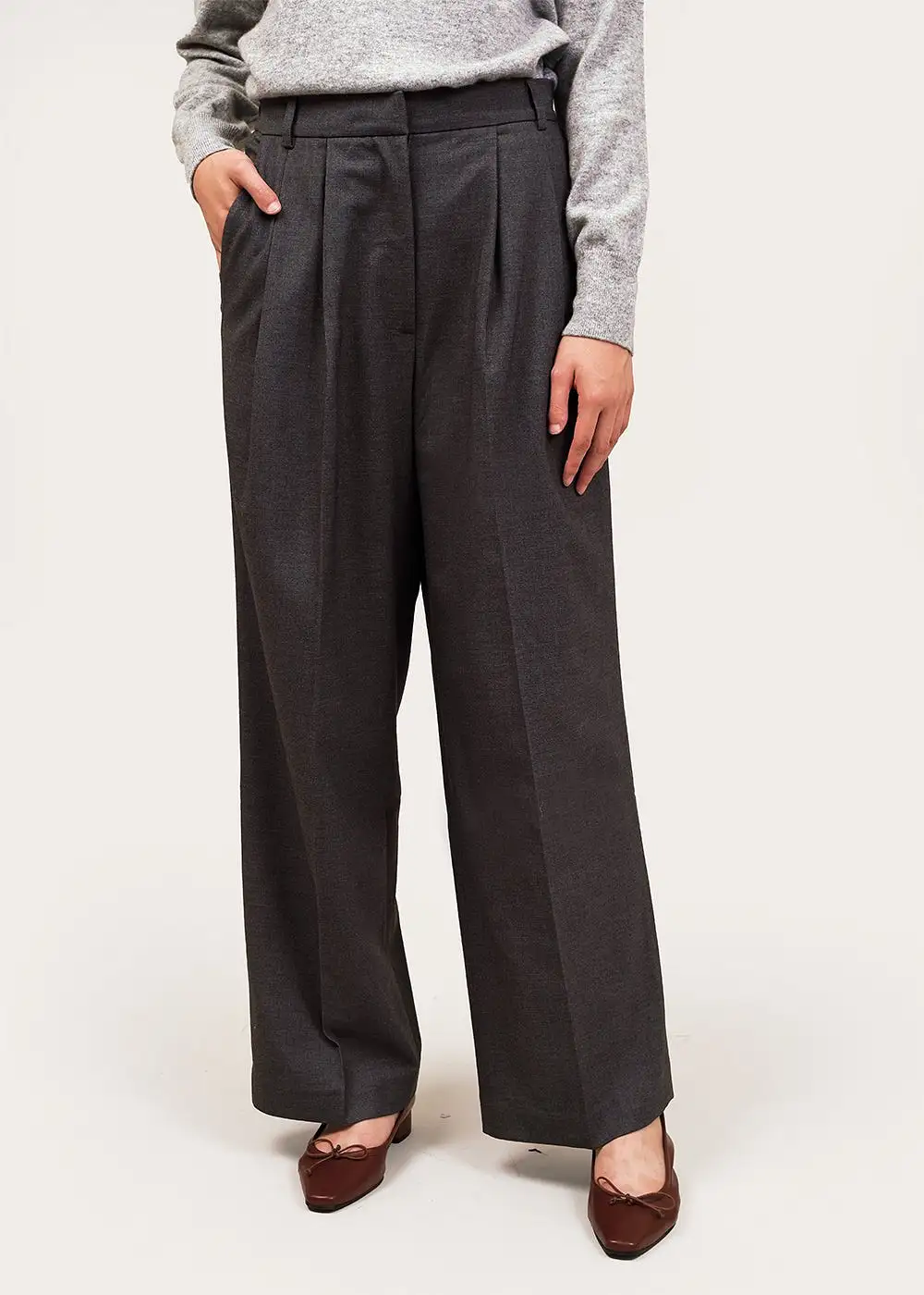 Charcoal Pleat Front Wide Leg Pants