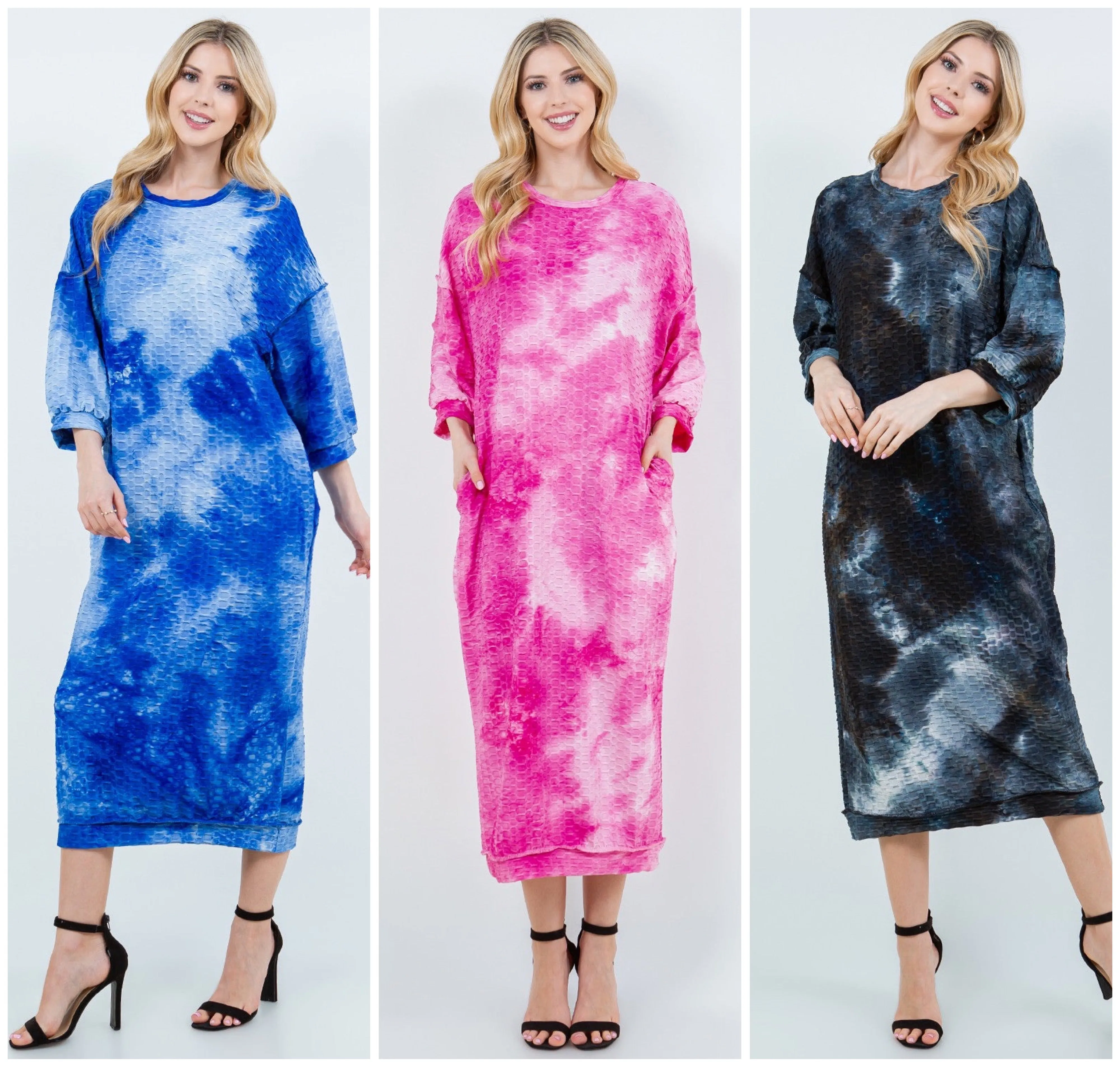 Comfy & Cute Tie Dye Dress- Pink, Blue or Midnight