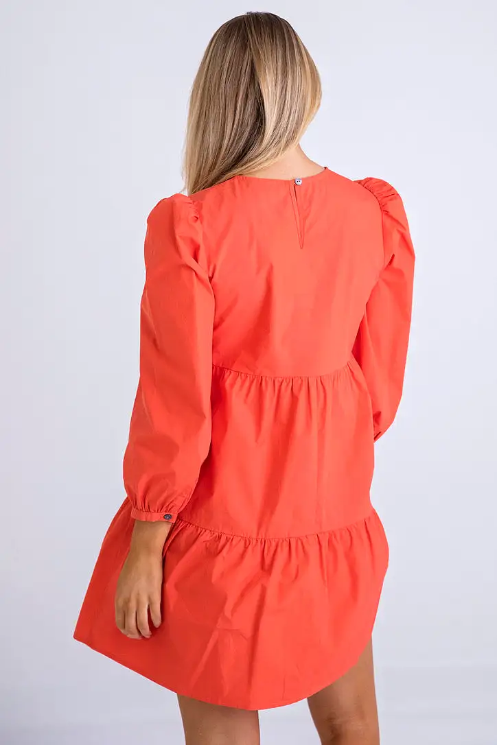 Coral Poplin Long Sleeve Dress