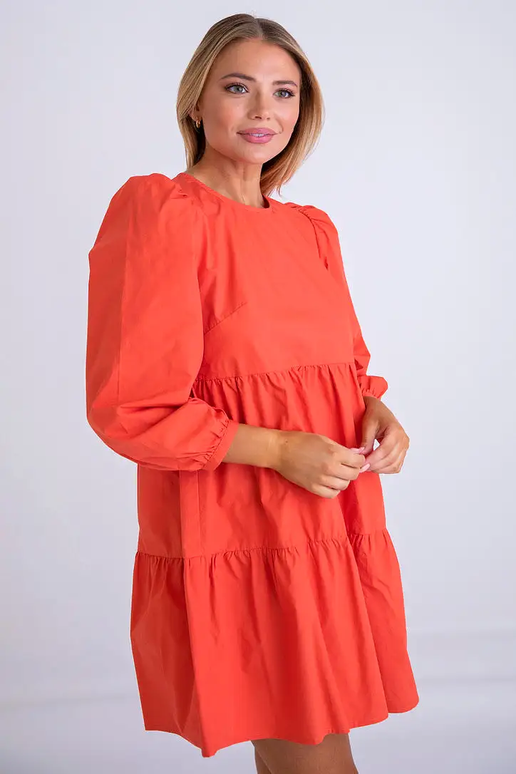 Coral Poplin Long Sleeve Dress