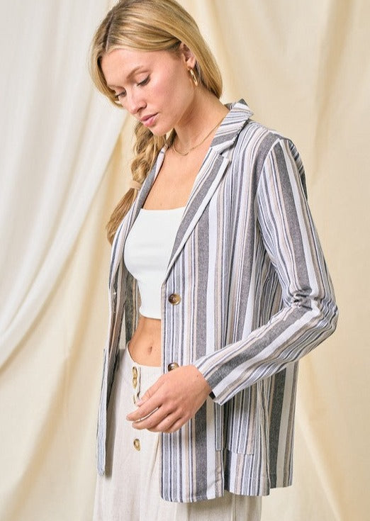 FINAL SALE - Taupe & Charcoal Striped Linen Jacket Blazer