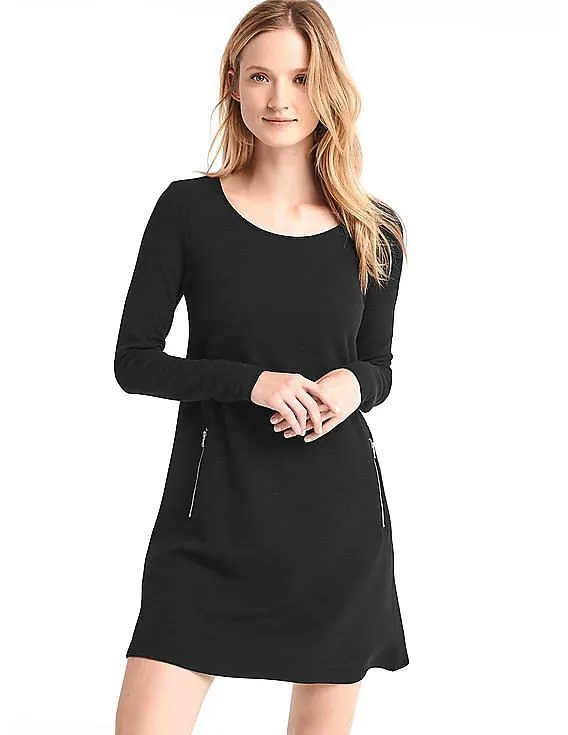 GAP Women Black A-Line Zip Long Sleeve Dress