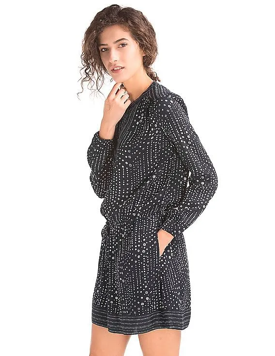 GAP Women Blue Mix Print Long Sleeve Dress