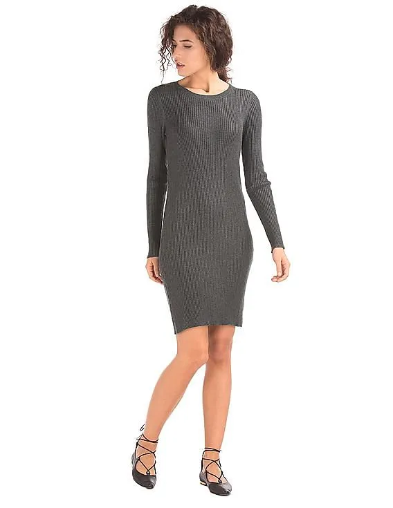 GAP Women Grey Ribbed Long Sleeve Dress