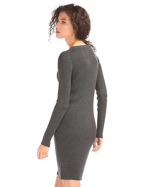 GAP Women Grey Ribbed Long Sleeve Dress