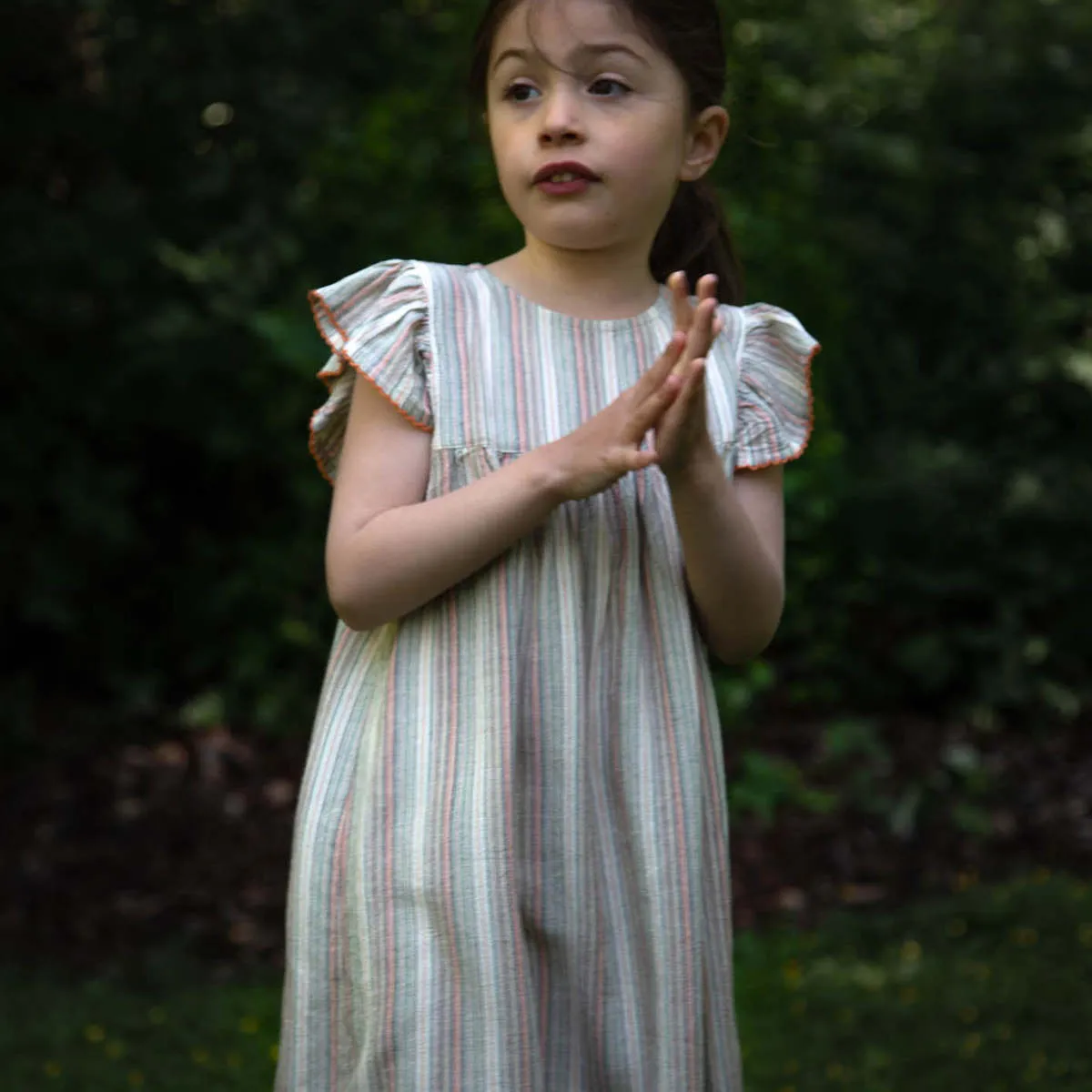 Girls Flutter Sleeve Dress - Mint Green Stripe