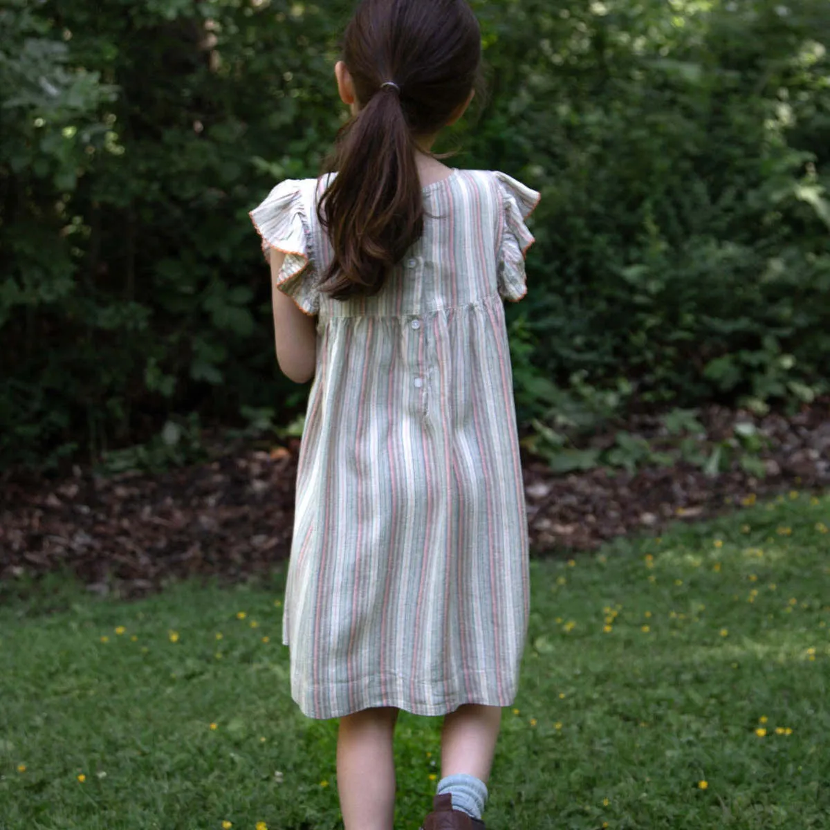 Girls Flutter Sleeve Dress - Mint Green Stripe