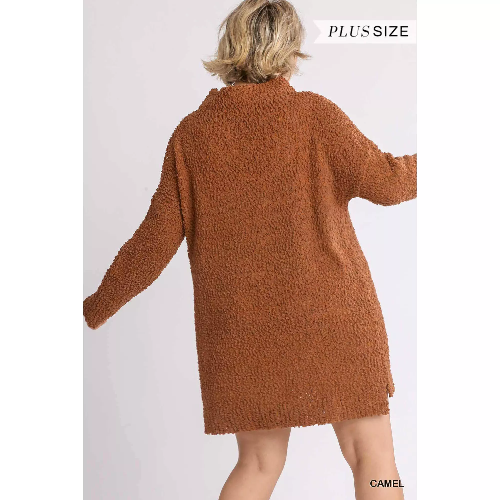 High Cowl Neck Bouclé Long Sleeve Sweater Dress