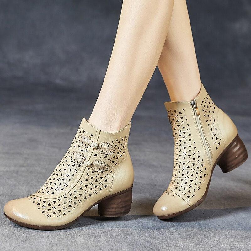 Hollow Thick Heels: RV204 Handmade Women's Casual Shoes Boots