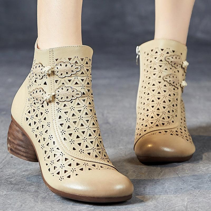 Hollow Thick Heels: RV204 Handmade Women's Casual Shoes Boots