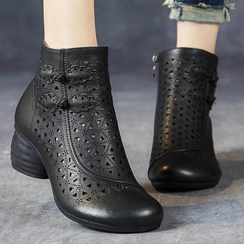 Hollow Thick Heels: RV204 Handmade Women's Casual Shoes Boots