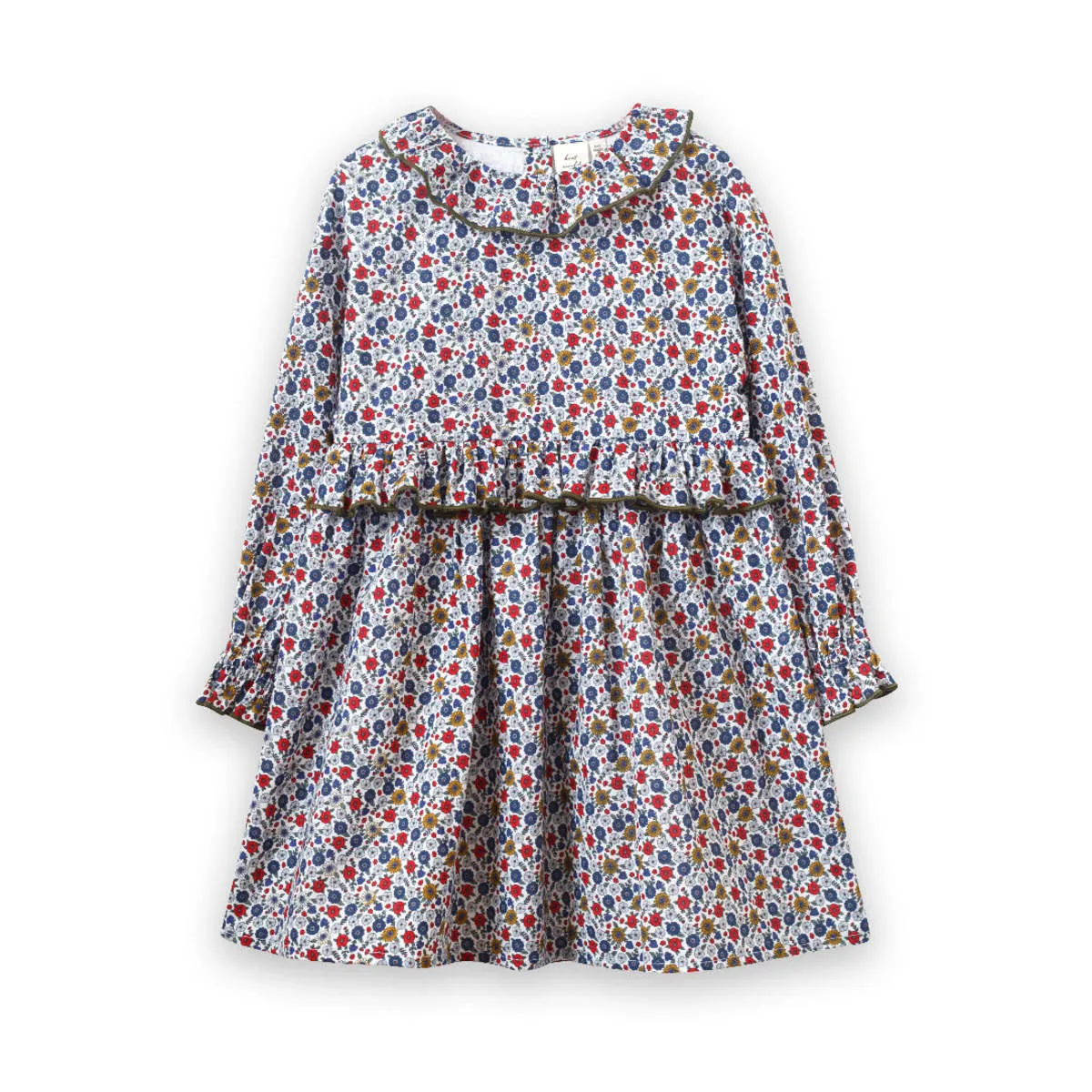 Kids Beet World Ruffle Collar Long Sleeve Dress - Blue/Mustard Floral