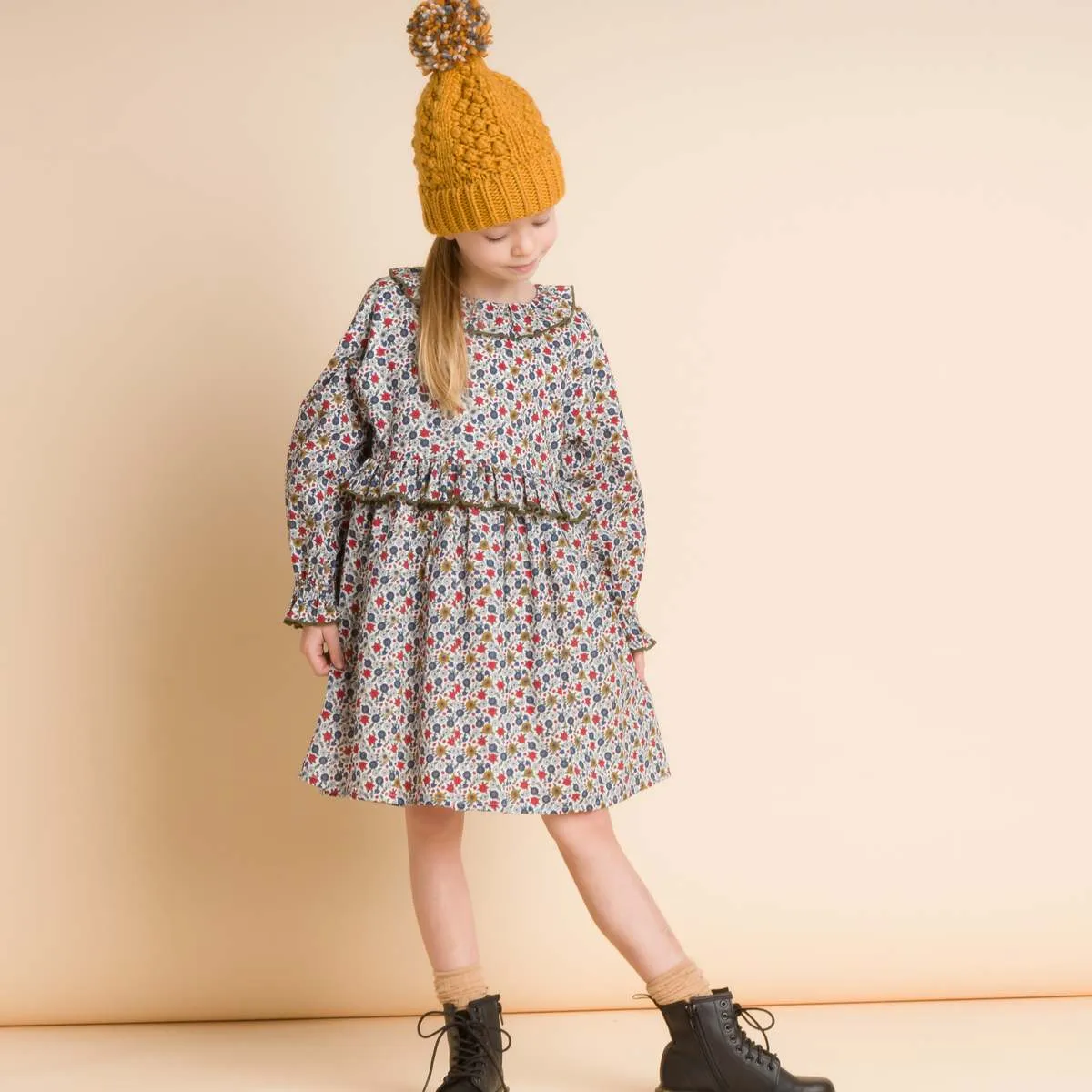 Kids Beet World Ruffle Collar Long Sleeve Dress - Blue/Mustard Floral