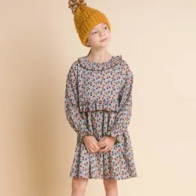 Kids Beet World Ruffle Collar Long Sleeve Dress - Blue/Mustard Floral