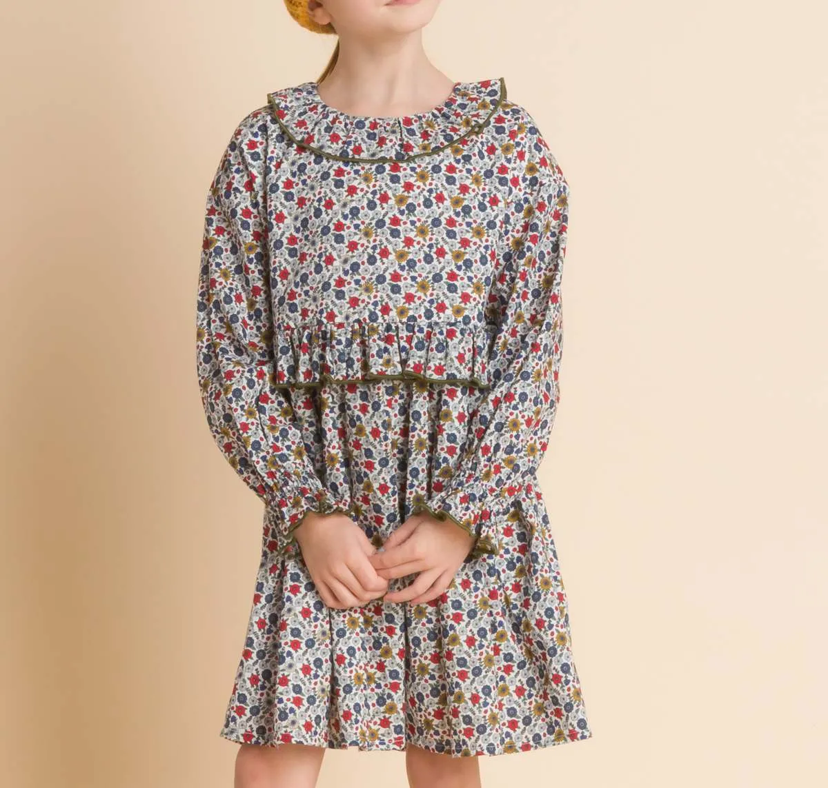 Kids Beet World Ruffle Collar Long Sleeve Dress - Blue/Mustard Floral