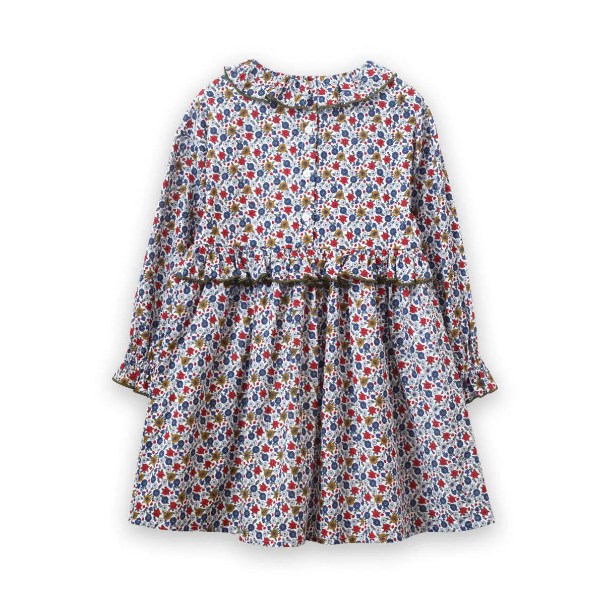 Kids Beet World Ruffle Collar Long Sleeve Dress - Blue/Mustard Floral