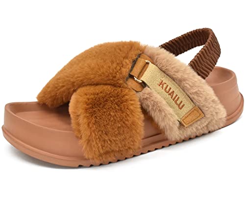 KuaiLu Womens Fuzzy Cross Band Platform Slippers with Back Strap for Summer, Fluffy Furry Ladies Open Toe Slingback Slide Slippe