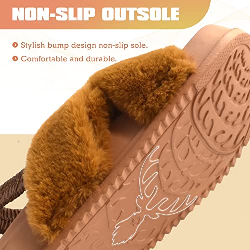 KuaiLu Womens Fuzzy Cross Band Platform Slippers with Back Strap for Summer, Fluffy Furry Ladies Open Toe Slingback Slide Slippe