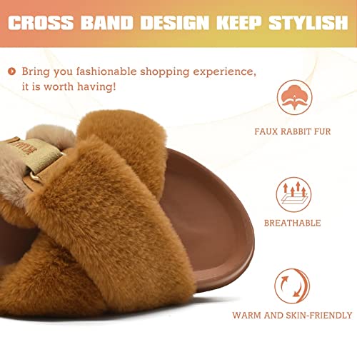 KuaiLu Womens Fuzzy Cross Band Platform Slippers with Back Strap for Summer, Fluffy Furry Ladies Open Toe Slingback Slide Slippe