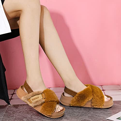 KuaiLu Womens Fuzzy Cross Band Platform Slippers with Back Strap for Summer, Fluffy Furry Ladies Open Toe Slingback Slide Slippe