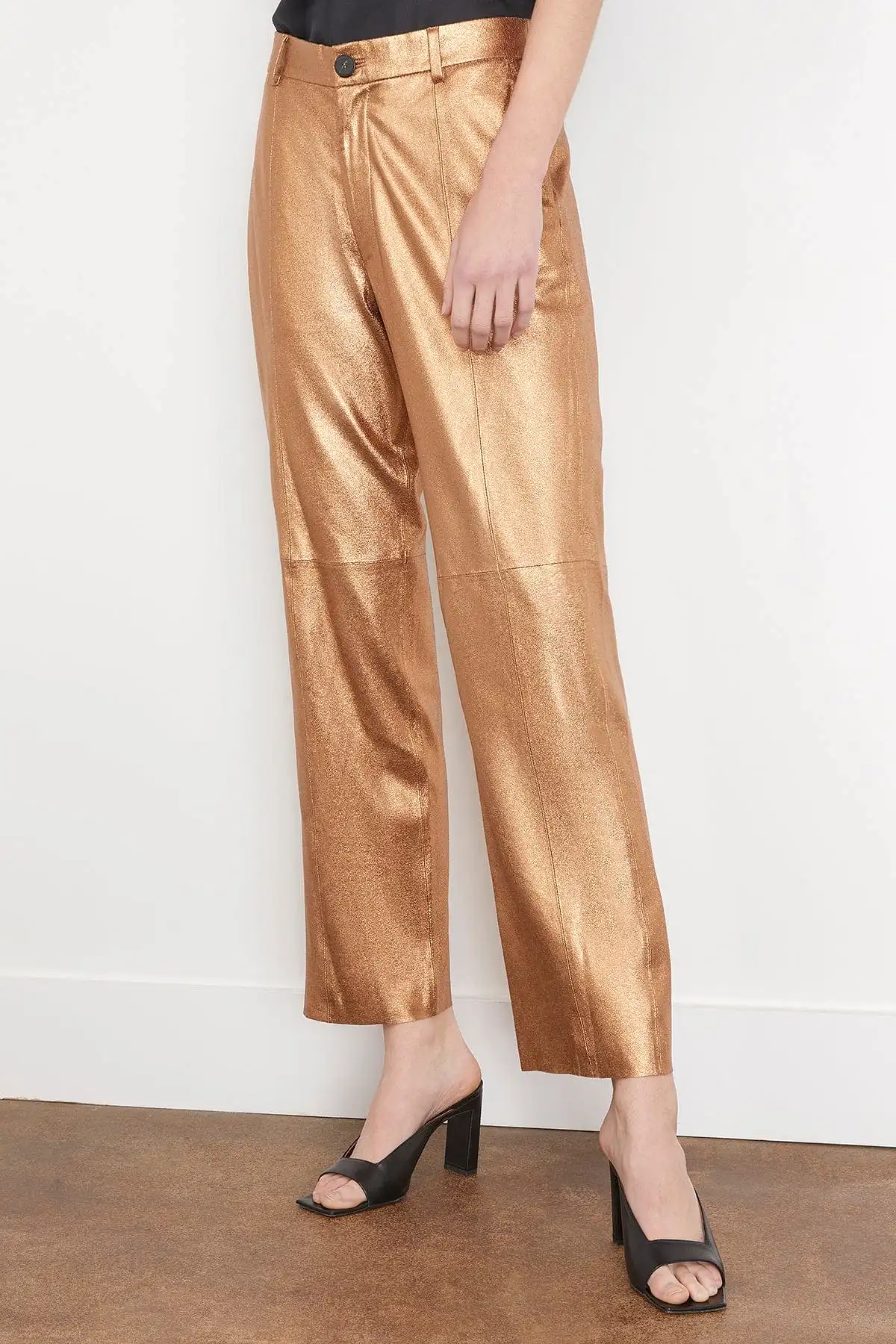 Laminated Nappa Leather Straight Leg Pants in Bronze