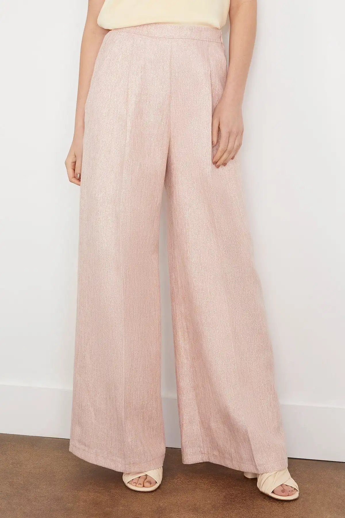 Linen Lurex Micro Herringbone Wide Leg Pants in Petalo