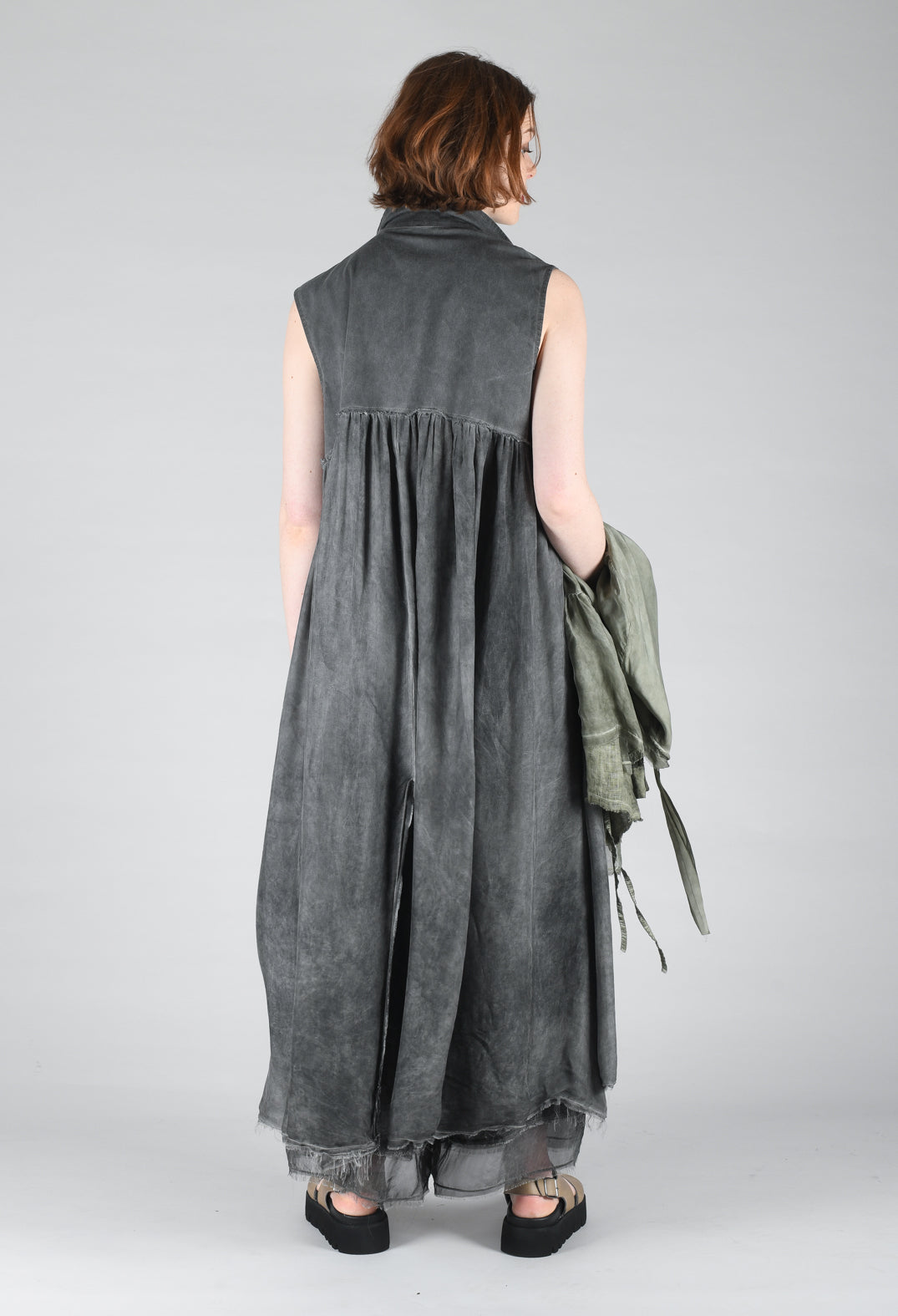 Long Sleeveless Coat in Contone and Viscosa Seta Grey Storm