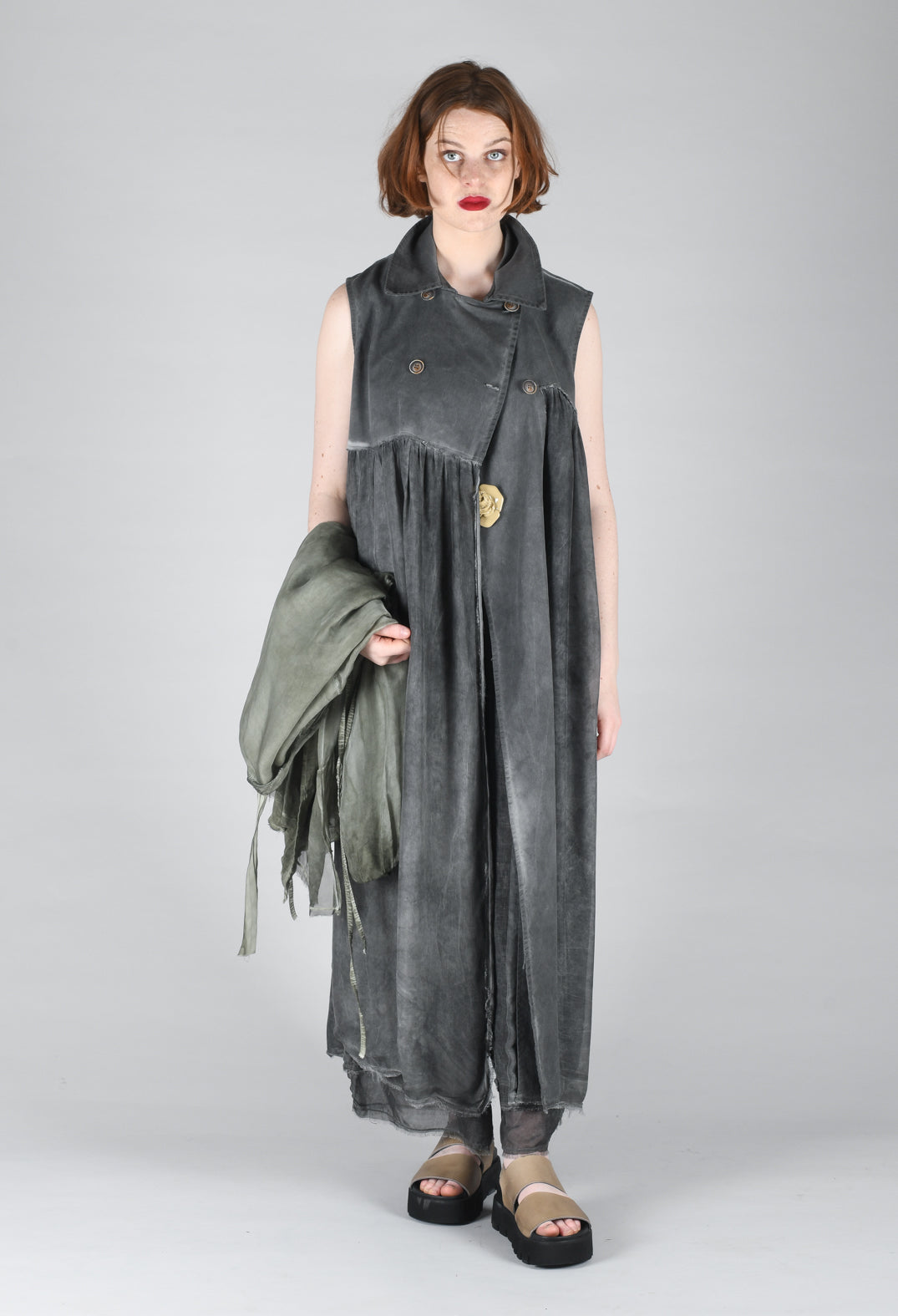 Long Sleeveless Coat in Contone and Viscosa Seta Grey Storm