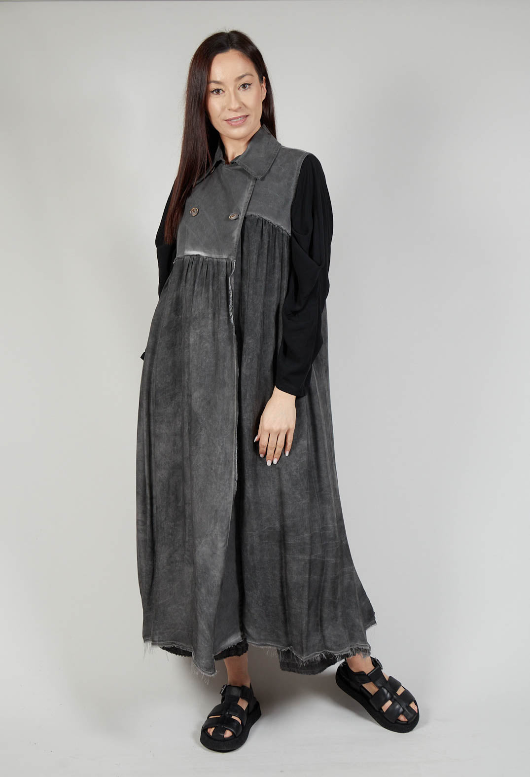 Long Sleeveless Coat in Contone and Viscosa Seta Grey Storm