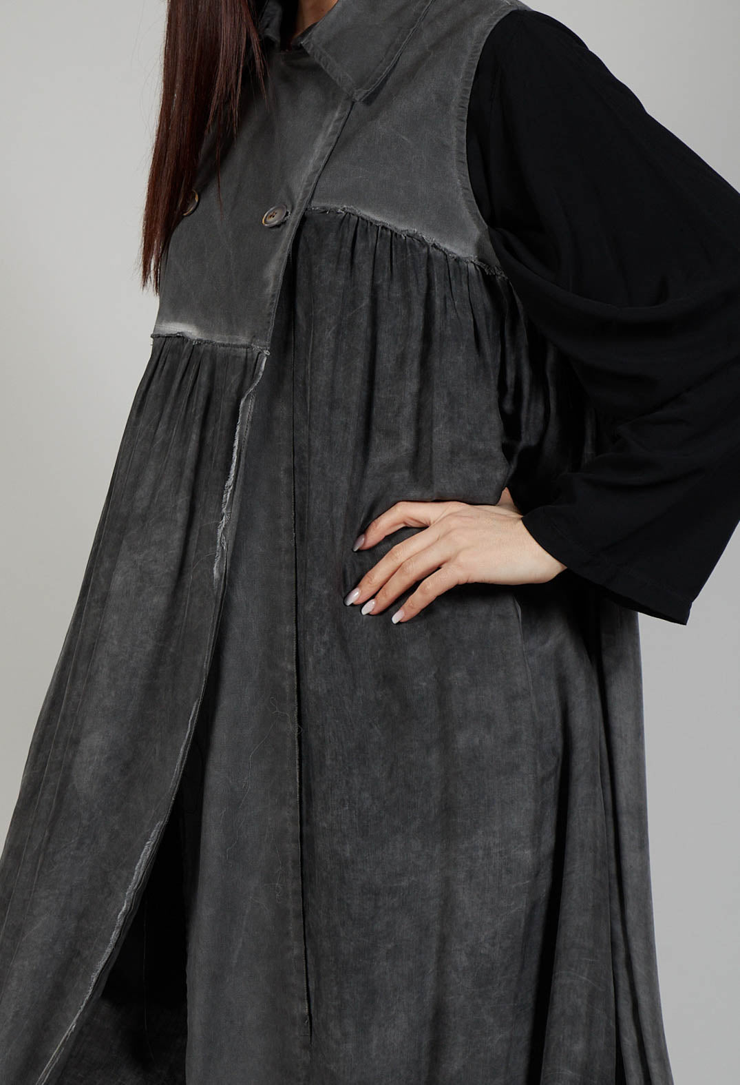 Long Sleeveless Coat in Contone and Viscosa Seta Grey Storm