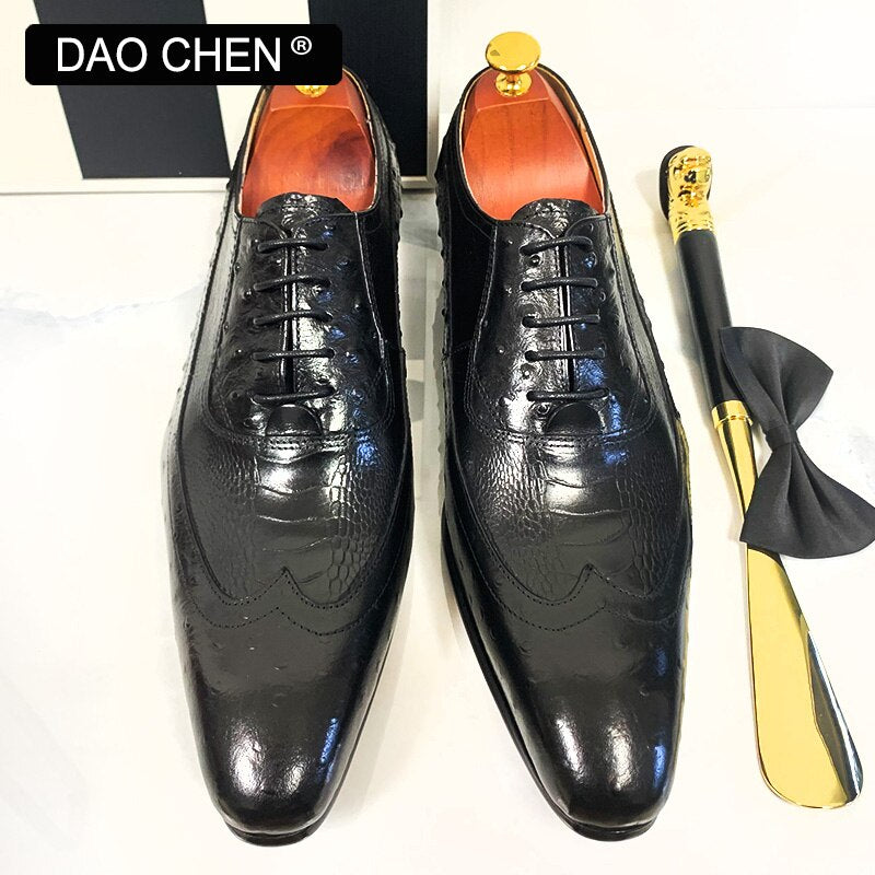 MEN OXFORD SHOES BROWN BLACK OSTRICH LEATHER PRINTS SHOES LACE UP DRESS SHOE OFFICE WEDDING LEATHER SHOES FOR MEN