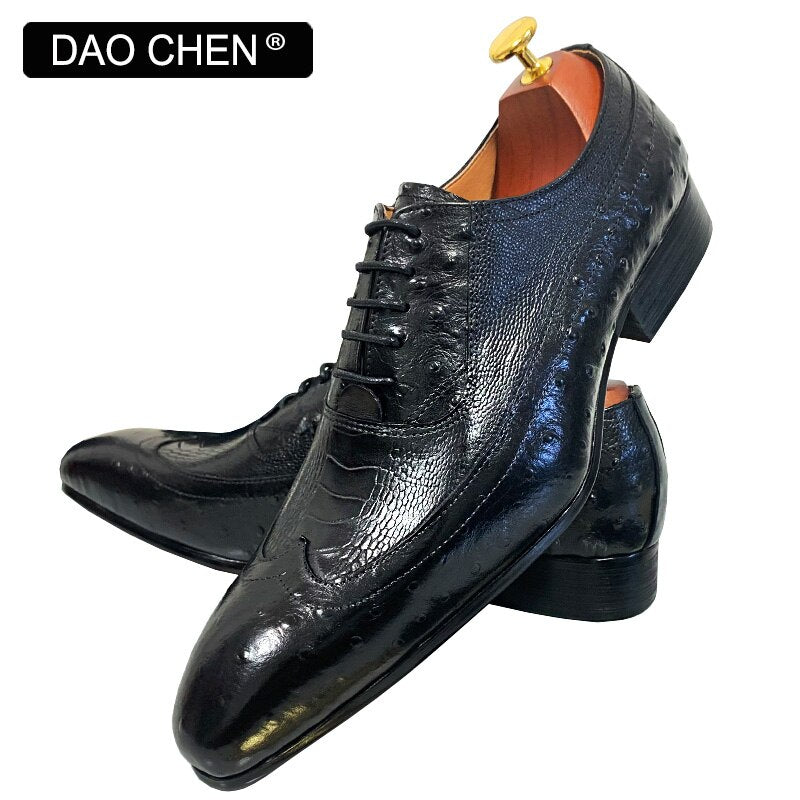 MEN OXFORD SHOES BROWN BLACK OSTRICH LEATHER PRINTS SHOES LACE UP DRESS SHOE OFFICE WEDDING LEATHER SHOES FOR MEN