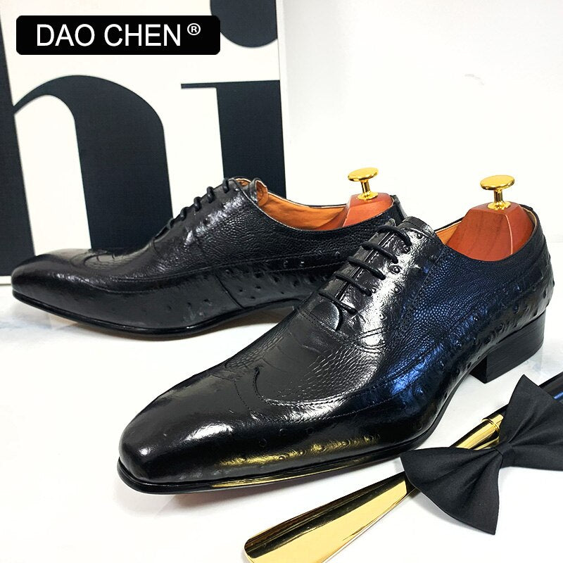 MEN OXFORD SHOES BROWN BLACK OSTRICH LEATHER PRINTS SHOES LACE UP DRESS SHOE OFFICE WEDDING LEATHER SHOES FOR MEN