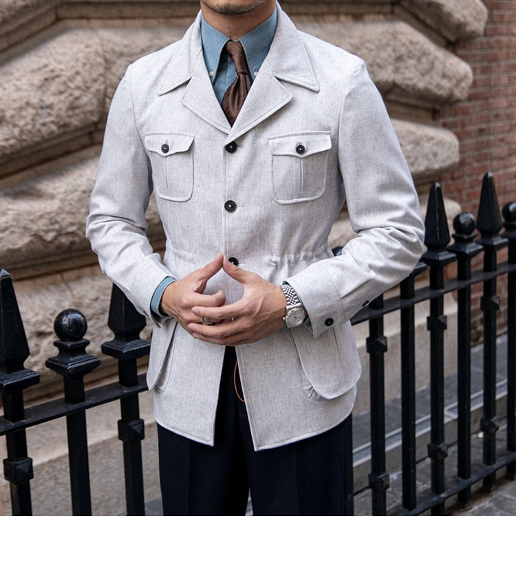 Men's Polyester Vintage Casual Rib Sleeve Military Lapel Hunting Jacket