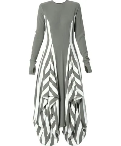 Metamorphoza Women's Green Long Striped Dress In Khaki And White