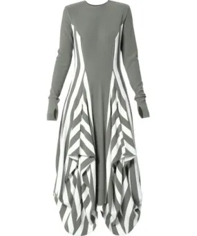 Metamorphoza Women's Green Long Striped Dress In Khaki And White